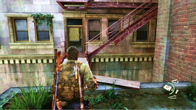 As soon as the two die, enter the building, go upstairs and walk over a wooden plank to the next building - Escape the City | Pittsburgh | The Last of Us Walkthrough - Pittsburgh - The Last of Us Guide