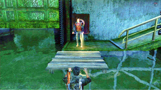 Now, you should take the wooden platform and swim up to Ellie with it - Sewers | The Suburbs | The Last of Us Walkthrough - The Suburbs - The Last of Us Guide