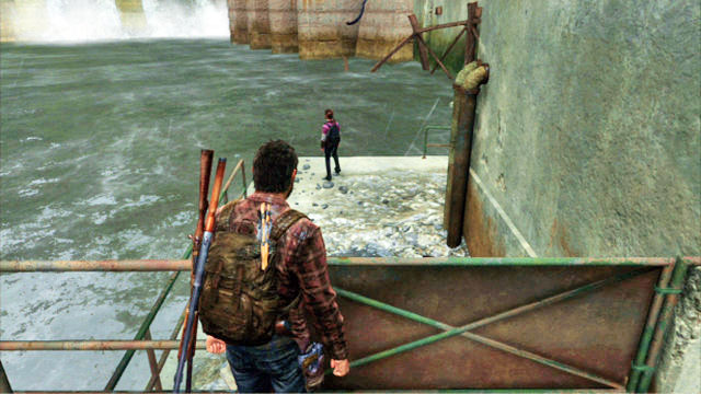 To unblock the second part of the bridge, jump into water behind the small waterfall and dive - Hydroelectric Dam | Tommys Dam | The Last of Us Walkthrough - Tommys Dam - The Last of Us Guide
