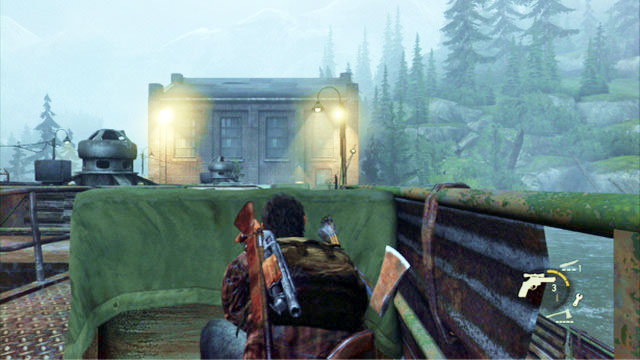 First, hide behind the nearest cover and jump to the level below, through the breach in the balustrade - Hydroelectric Dam | Tommys Dam | The Last of Us Walkthrough - Tommys Dam - The Last of Us Guide