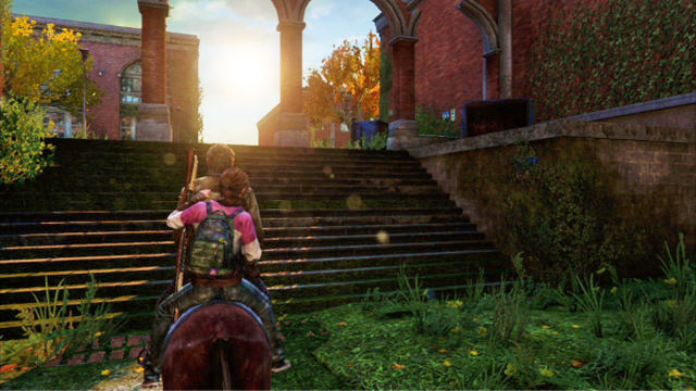 Behind the first blockade, which you need to jump over, and the wide staircase, there is a big barricade - Go Big Horns! | The University | The Last of Us Walkthrough - The University - The Last of Us Guide