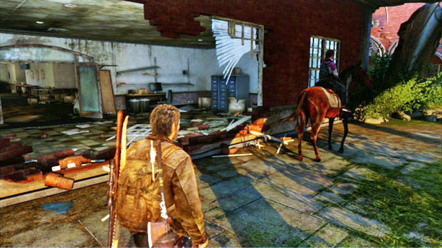 To be able to ride on, you will have to get around it through the destroyed building to the left - Go Big Horns! | The University | The Last of Us Walkthrough - The University - The Last of Us Guide