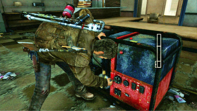 After you have cleared the area, you will be able to go upstairs again and start the generator - Go Big Horns! | The University | The Last of Us Walkthrough - The University - The Last of Us Guide