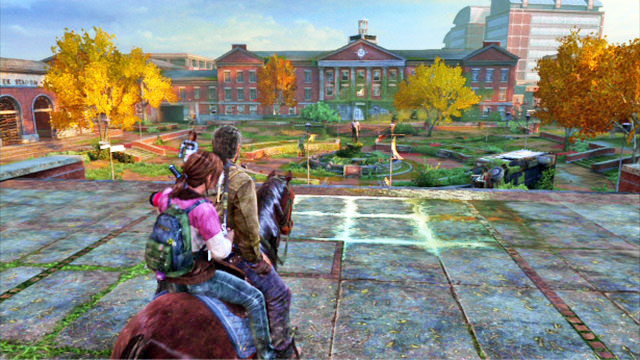 Behind the gate this opens, ride ahead until you reach a big square with a fountain in the middle - Go Big Horns! | The University | The Last of Us Walkthrough - The University - The Last of Us Guide