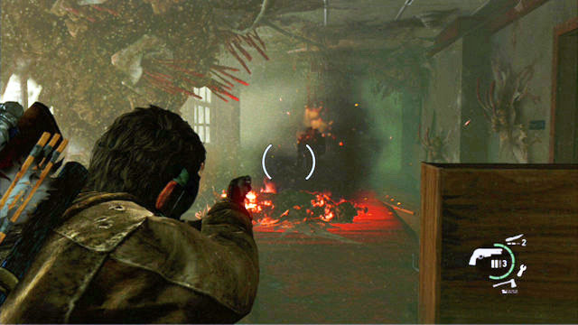 If you decide to fight, though, throw a Molotovs cocktail at the enemy and finish it out with your shotgun or the flame thrower - Go Big Horns! | The University | The Last of Us Walkthrough - The University - The Last of Us Guide