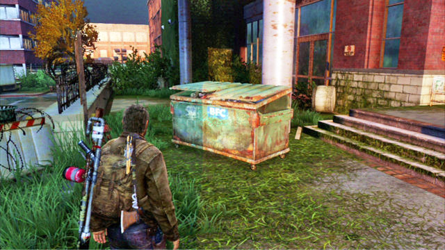 To open it, turn around and give a push to the container on your right - Go Big Horns! | The University | The Last of Us Walkthrough - The University - The Last of Us Guide