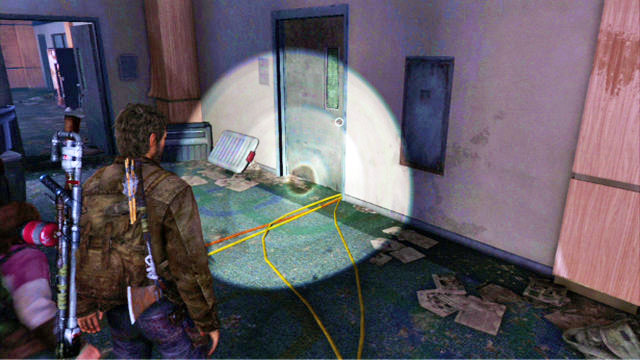 You need to get to the door that the yellow and the red cable go under - Science Building | The University | The Last of Us Walkthrough - The University - The Last of Us Guide