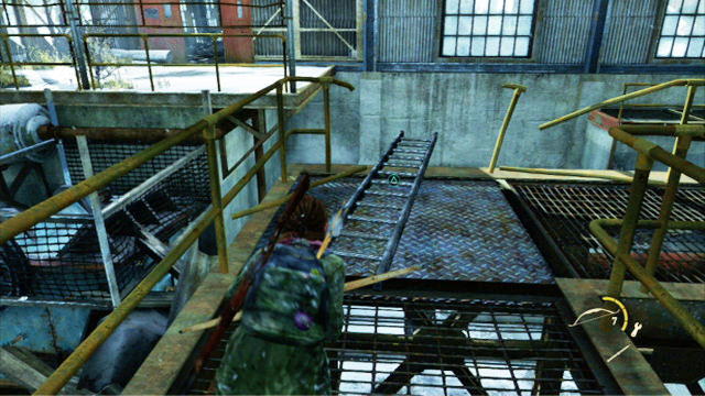 Use your bow to kill the creature and throw down the ladder lying at the end of the catwalk - The Hunt | Lakeside Resort | The Last of Us Walkthrough - Lakeside Resort - The Last of Us Guide