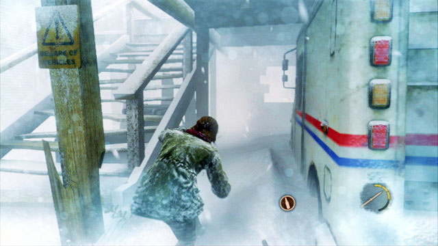 Further way leads to the left, up to the stairs covered with snow - Cabin Resort | Lakeside Resort | The Last of Us Walkthrough - Lakeside Resort - The Last of Us Guide