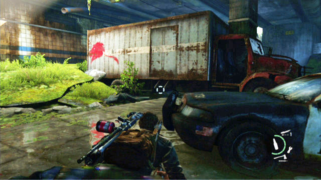 Take a few steps to the right and sneak up onto the truck on the left - Underground Tunnel (text & map) | Bus Depot | The Last of Us Walkthrough - Bus Depot - The Last of Us Guide