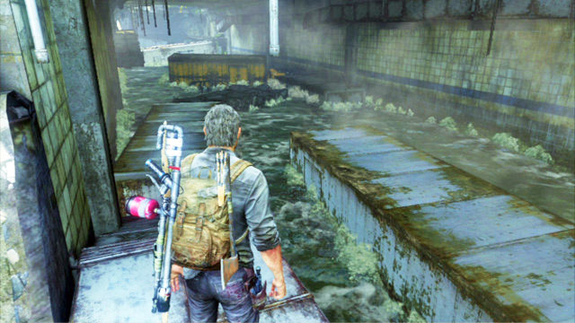 Keep jumping over from one vehicle to another in the big tunnel, until Joel falls down into the water - Underground Tunnel (text & map) | Bus Depot | The Last of Us Walkthrough - Bus Depot - The Last of Us Guide