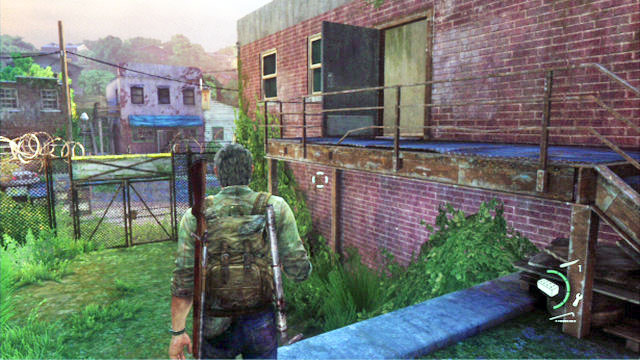 To the right of the place where Ellie jumps over the gate, there is a red brick building - Bills Town | Artifacts and pendants in The Last of Us - Artifacts and pendants - The Last of Us Guide