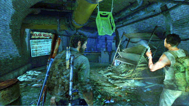 After you bump into the sound trap, take several steps ahead, until you reach a destroyed bookshelf - Tommys Dam | Training manuals and tools in The Last of Us - Training manuals and tools - The Last of Us Guide