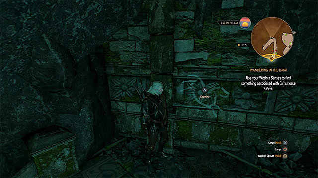 After swimming under water reach to the horse symbol and examine it (while ignoring all previous symbols) - Wandering in the Dark - main quest - Midcopse - The Witcher 3 Wild Hunt Guide & Walkthrough
