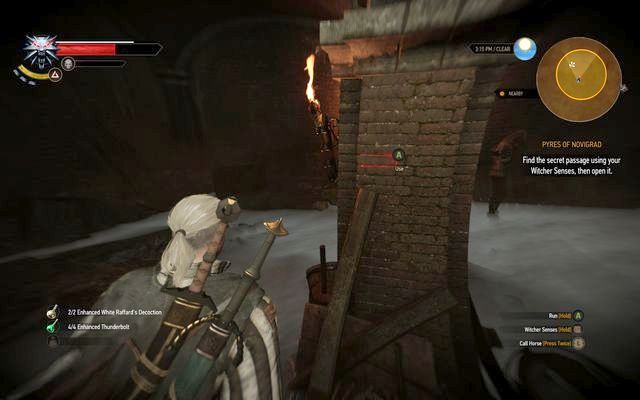 The button is one of the bricks on the pillar - Pyres of Novigrad - main quest - Free City of Novigrad - The Witcher 3 Wild Hunt Guide & Walkthrough