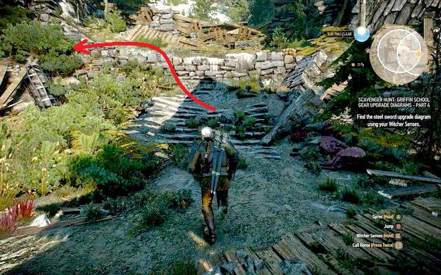 After entering the village from the west you shall see a wall with a white painting on it - The Witcher 3 Wild Hunt: Mastercrafted Griffin School Gear - Griffin School Gear - The Witcher 3 Wild Hunt Guide