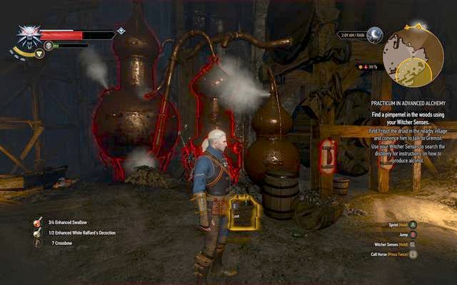 Distilling apparatus, the mash can be found on the left side, on the scaffolding - Practicum in Advanced Alchemy - side quest - Kaer Trolde - The Witcher 3 Wild Hunt Guide & Walkthrough