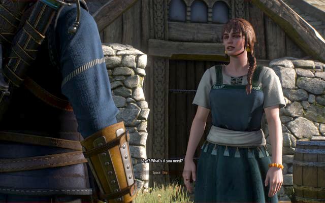 Ask the Skellige villager who stands at the water and is wearing a blue dress about the wrap you found - Side quests in Kaer Trolde - Kaer Trolde - The Witcher 3 Wild Hunt Guide & Walkthrough