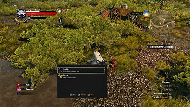 Key can be found at the corpse that is slightly more away from the cart - Treasure hunt in Inn by the Crossroads - Inn by the Crossroads - The Witcher 3 Wild Hunt Guide & Walkthrough