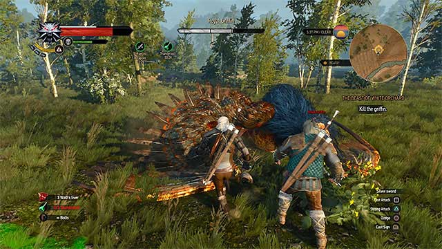 Use ranged attacks to force griffin to land. After that, attack him up close - The Witcher 3 Wild Hunt: The Beast of White Orchard - walkthrough - Prologue and White Orchard - The Witcher 3 Wild Hunt Guide & Walkthrough