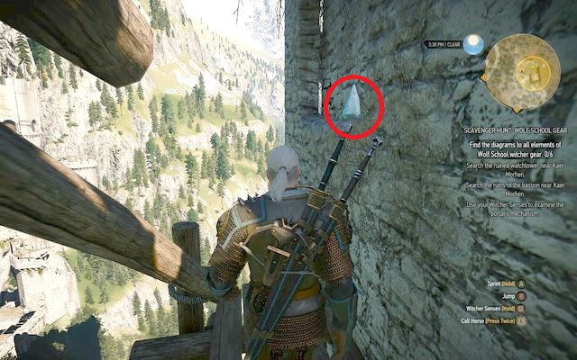 Exit the tower and jump on the wall to the north where a wooden staging is placed - The Witcher 3 Wild Hunt: Basic Wolf School Gear - Wolf School Gear (DLC) - The Witcher 3 Wild Hunt Guide & Walkthrough