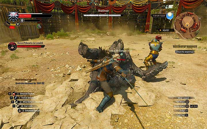 The best way to defeat the shaelmaar is to position yourself at the edge of the arena and wait for the opponent to start rolling towards you - The Beast of Toussaint - Main quests - The Witcher 3: Blood and Wine Game Guide