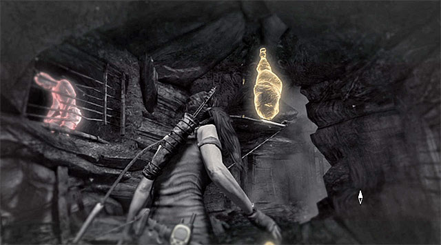 When you reach the area with cages, look up and burn the Sack (reward: 10 XP) - Firestarter | Collectibles: Geothermal Caverns - Collectibles: Geothermal Caverns - Tomb Raider Game Guide