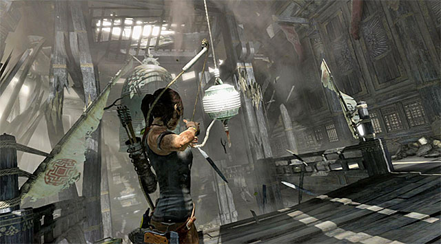Shoot a rope arrow again and destroy the support on the right - Find a Way Out | 11: Another Fine Mess Walkthrough - 11: Another Fine Mess | Walkthrough - Tomb Raider Game Guide
