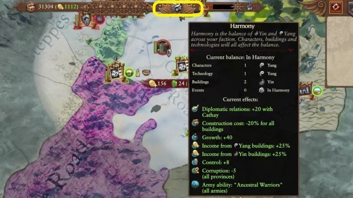 You can check your Harmony on the top of the screen, in the middle - Total War Warhammer 3: Grand Cathay: Unique mechanics - Great Katai - Total War Warhammer 3 Guide
