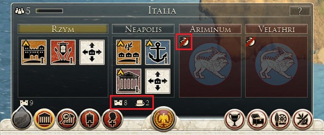 Jeśli kontrolujesz co najmniej jeden region w prowincji, w lewym górnym rogu ekranu znajduje się pasek rozwoju - jest to nadwyżka populacji, którą można skierować do któregokolwiek z naszych miast, aby rozwinąć go większy - interfejs | Mapa strategiczna - Mapa strategiczna - Total War: Rome II Ground