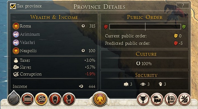Danh sách ngắn các thông tin này có thể được nhìn thấy ở góc dưới cùng bên trái của màn hình chính - Giao diện | Bản đồ chiến lược - Bản đồ chiến lược - Total War: Hướng dẫn trò chơi Rome II
