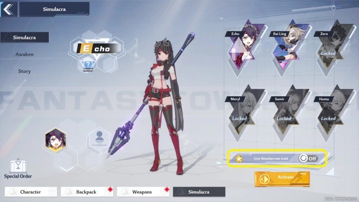 To activate it you must enter the Simulacra tab, select the character in question and move the slider under the character portraits - Tower of Fantasy: Simulacra - Basics - Tower of Fantasy Guide