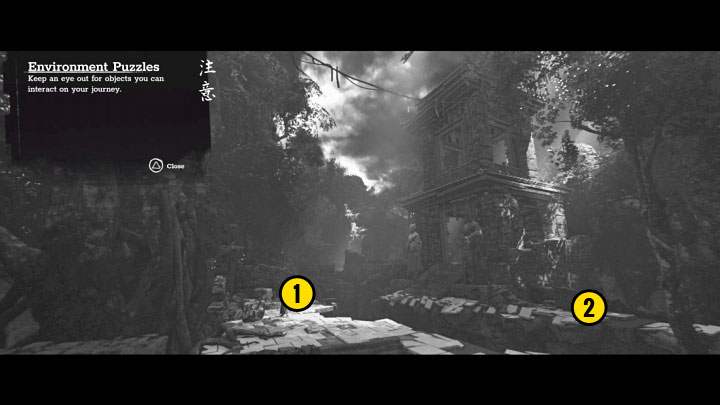 There is an easy-to-miss secret in the area - stand on the pressure plate from point 1 in our picture and use sprint to run right towards point 2 - Trek to Yomi: Chapter 5 - walkthrough - Walkthrough - Trek to Yomi Guide