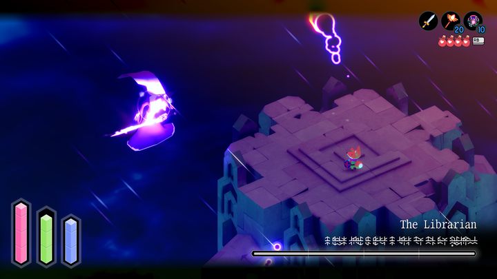 The arena where you are encountering the Librarian is not the biggest one, but if you take into account the fact that he hovers in the air for most of the battle and cannot be hit with a sword, you have no choice but to constantly mark your opponent by using camera lock target button (shift on PC an - Tunic: The Librarian - boss, how to beat? - Bosses - Tunic Guide