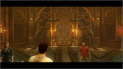 Nachdem wir einen langen Korridor passiert haben, betreten wir einen Raum mit zwei Statuen, die die mittlere Tür bewachen [1] - Uncharted 3: Rätsel in Kapitel 11 – wie löst man sie?  - FAQ – Uncharted 3 Drakes Deception Guide
