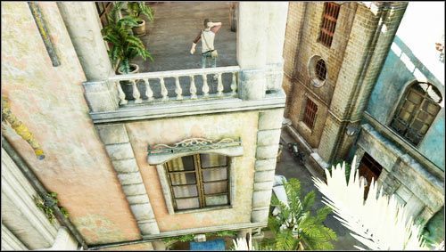 Wenn Sullivan das Gebäude verlässt, folgen Sie ihm, indem Sie an den Gebäudewänden entlang und auf den Balkon gehen [1] - Komplettlösung für Uncharted 3: Kapitel 2 – Größe aus kleinen Anfängen - Komplettlösung - Uncharted 3 Drakes Deception Guide