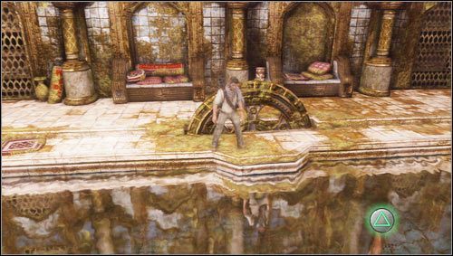 In der Wasserspiegelung sehen Sie links Drake stehen [1] - Uncharted 3: Kapitel 21 – Komplettlösung zu „Atlantis of the Sands“ – Komplettlösung – Uncharted 3 Drakes Deception Guide