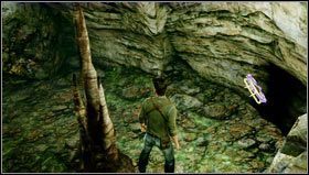Nachdem Sie durch den Kamin in die Höhle gefallen sind, halten Sie sich an der rechten Wand fest [1]dann steigen Sie ein paar Stufen in die Höhle hinab, um einen Schatz zu finden, der neben den Stalagmiten liegt [2] - Uncharted 3: Schatzführer für Kapitel 6 - Schätze - Uncharted 3 Drakes Deception Guide