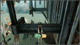 Um dorthin zu gelangen, gehen Sie zum Metallgitter unter der Treppe und springen Sie von dort auf die Metallträger [1] – Uncharted 3: Kapitel 12 Schatzführer – Schätze – Uncharted 3 Drakes Deception Guide