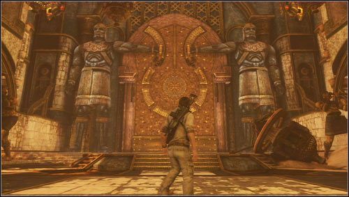 Nachdem Sie das Vestibül von Atlantis betreten haben, müssen Sie das Metalltor-Rätsel lösen – Uncharted 3: Kapitel 20-Schatzführer – Schätze – Uncharted 3 Drakes Deception Guide