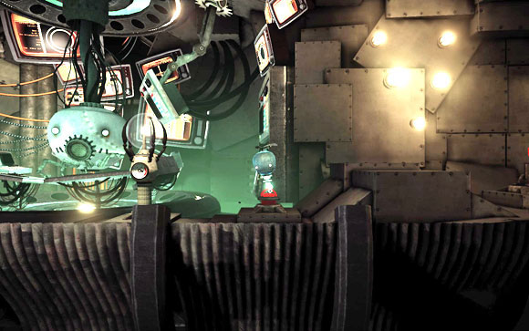Once the water level drops, move further unlocking the door by using the piston - Mines - Walkthrough - Unmechanical - Game Guide and Walkthrough