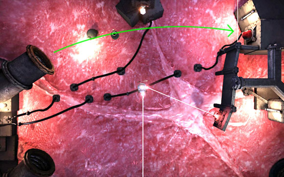 Once the bomb flies over you, quickly fly to the place where two laser beams intersect, so the bomb can reach the organ - Pacemaker part 2: Map - Tunnel 3 - Walkthrough - Unmechanical - Game Guide and Walkthrough