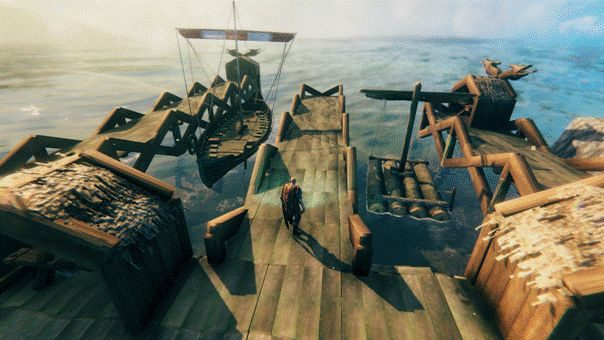 Hier ist ein Beispiel eines Docks mit einem festgemachten Langschiff und einem Floß.  – Valheim: Schiffe – Liste, wie man baut – Grundlagen – Valheim Guide
