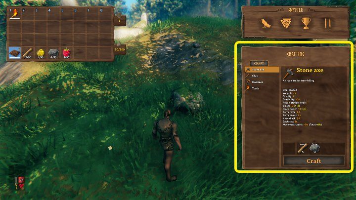 After getting the resources, it is time to make the first important tools – Stone Axe, Hammer, and Hoe - Valheim: Day 1 - how to survive the beginning? Where to start? - Basics - Valheim Guide