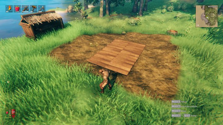 Equip your character with a hammer, open the action menu (RMB), and select Wood floor 2x2 from the build tab - Valheim: Day 1 - how to survive the beginning? Where to start? - Basics - Valheim Guide