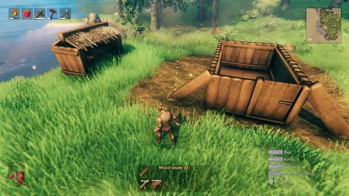Select Wood beam 45° from the build menu and support the walls on both sides of the building's entrance with it - Valheim: Day 1 - how to survive the beginning? Where to start? - Basics - Valheim Guide