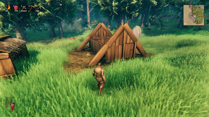 Select Wood wall 45° from the build menu and place two walls above the entrance to create the top of the house - Valheim: Day 1 - how to survive the beginning? Where to start? - Basics - Valheim Guide