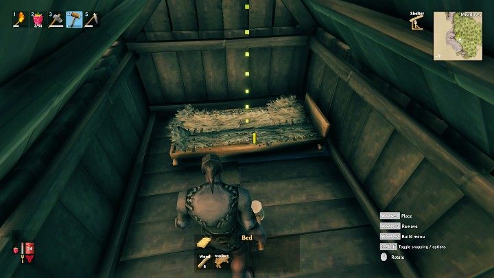 Go inside the building, open the Furniture menu, and select a bed that you can place near the back wall of the shelter - Valheim: Day 1 - how to survive the beginning? Where to start? - Basics - Valheim Guide