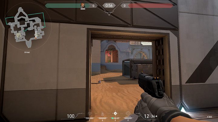 The picture above shows an exemplary position in the B Hall where the player has a good view of the B Window - one of the most popular ways to attack point B - Valorant: Bind map description for defenders and attackers, callouts - Maps - Valorant Guide