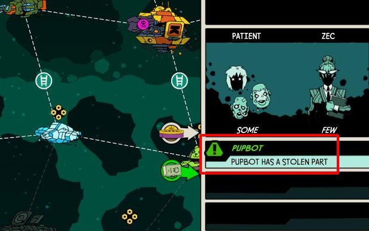 The game informs you about the possibility of encountering a Pupbot in the description of the enemy ship on the nebula map (example in the picture) - List of achievements in Void Bastards - Trophy guide - Void Bastards Guide and Tips